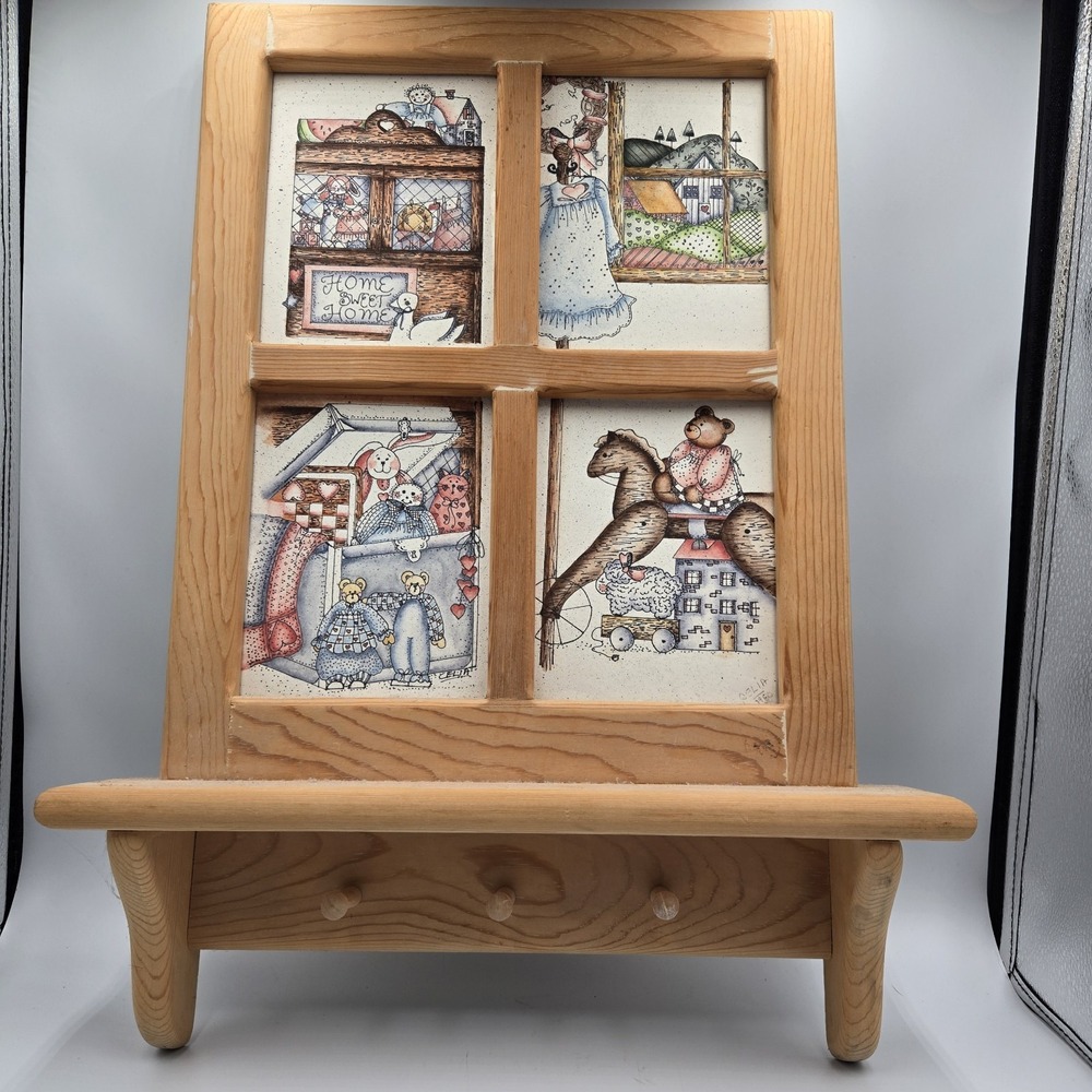 Vtg Home Decor wall mounted wooden rack window Pane Design W‎ Hooks Grandmacore